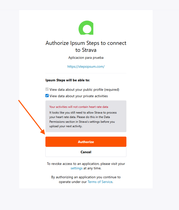 Pantalla de autorizacion de Strava